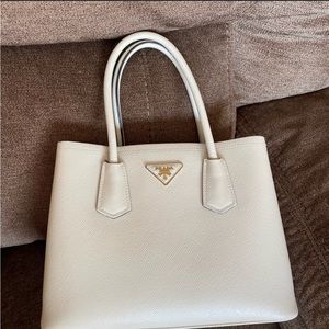 Prada Double Cuir Saffiano Leather Small Tote in Talco (White), Black Interior